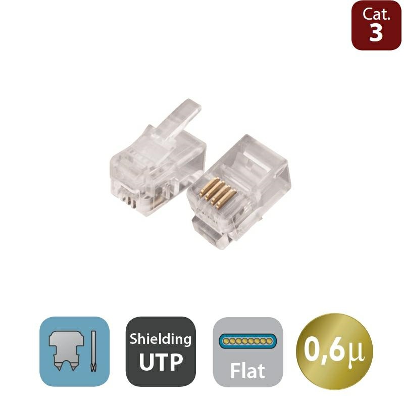 Modular plug for flat cable, Cat.3, RJ10, 4P4C, gold pla